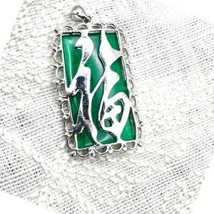 Green Agate Pendant Silver Filigree Rectangular 18KGP Mystical Vintage